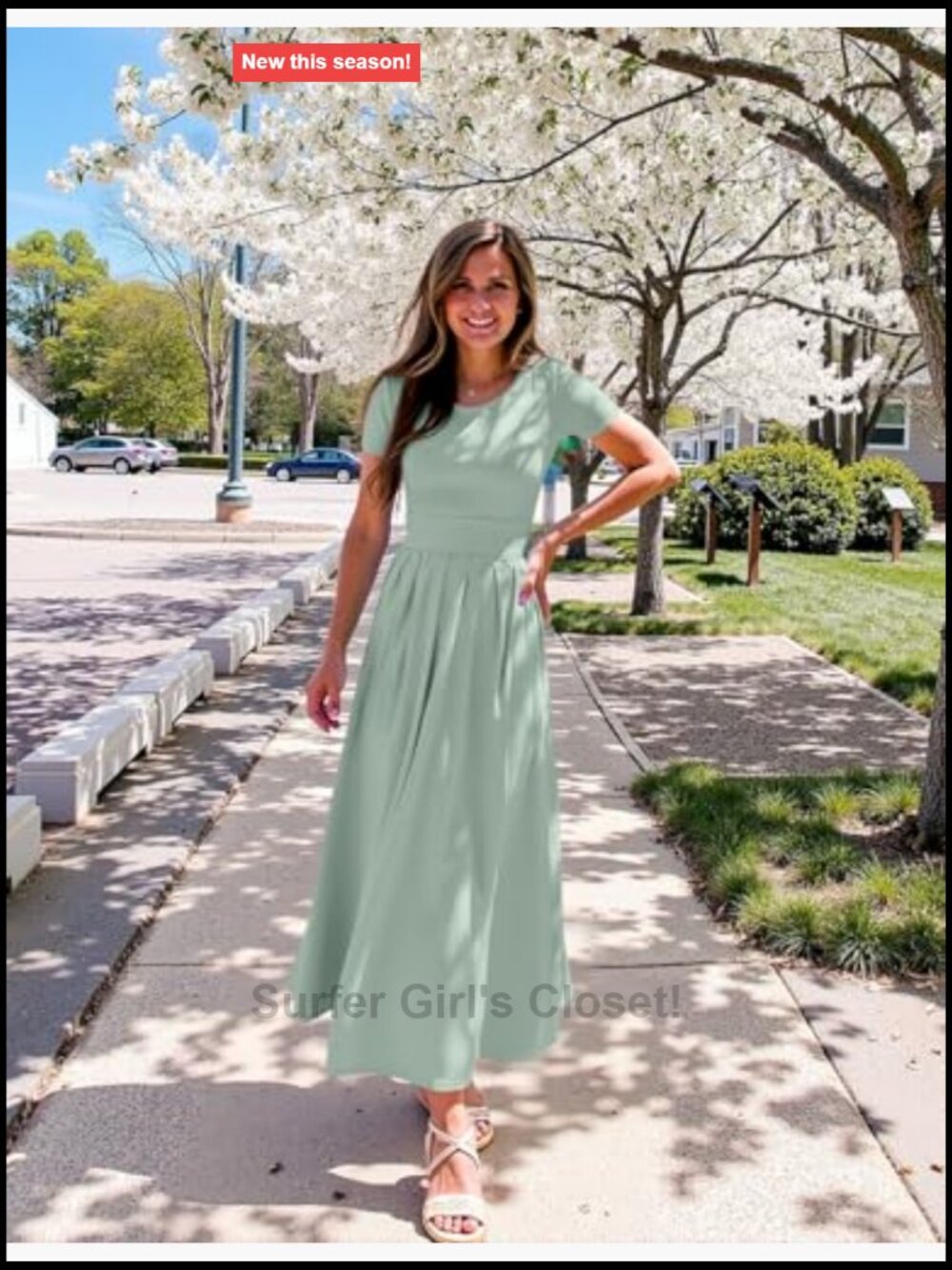 Flowy High Waist Midi A-Line Short Sleeve Maxi Dress with Pockets - Picture 5 of 7